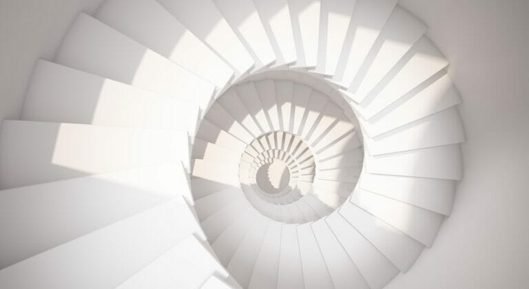 White spiral stairs in sun light abstract interior 509046414 5333x3000